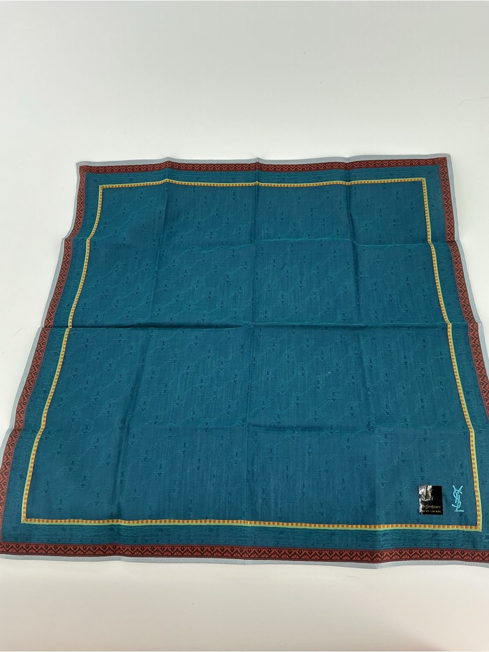 Yves Saint Laurent YSL Vintage Teal Geometric Square Scarf 16” - Picture 8 of 8